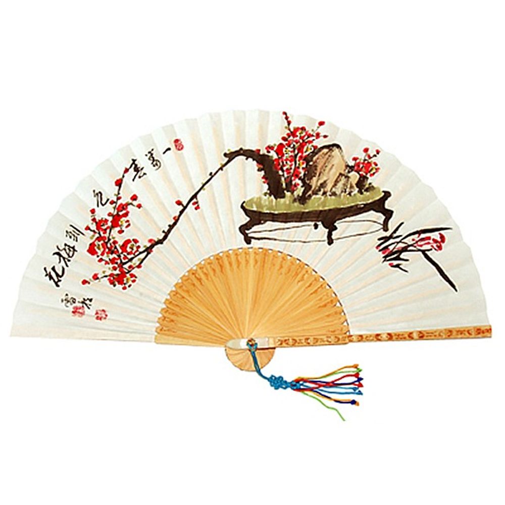 ATTY FACTORY Premium Traditional Korean Folding Fan – Hand-Painted Plum bonsai on Hanji & Bamboo, Premium Craftsmanship, with Traditional Knot + Box + Silk Pouch – Made in Korea